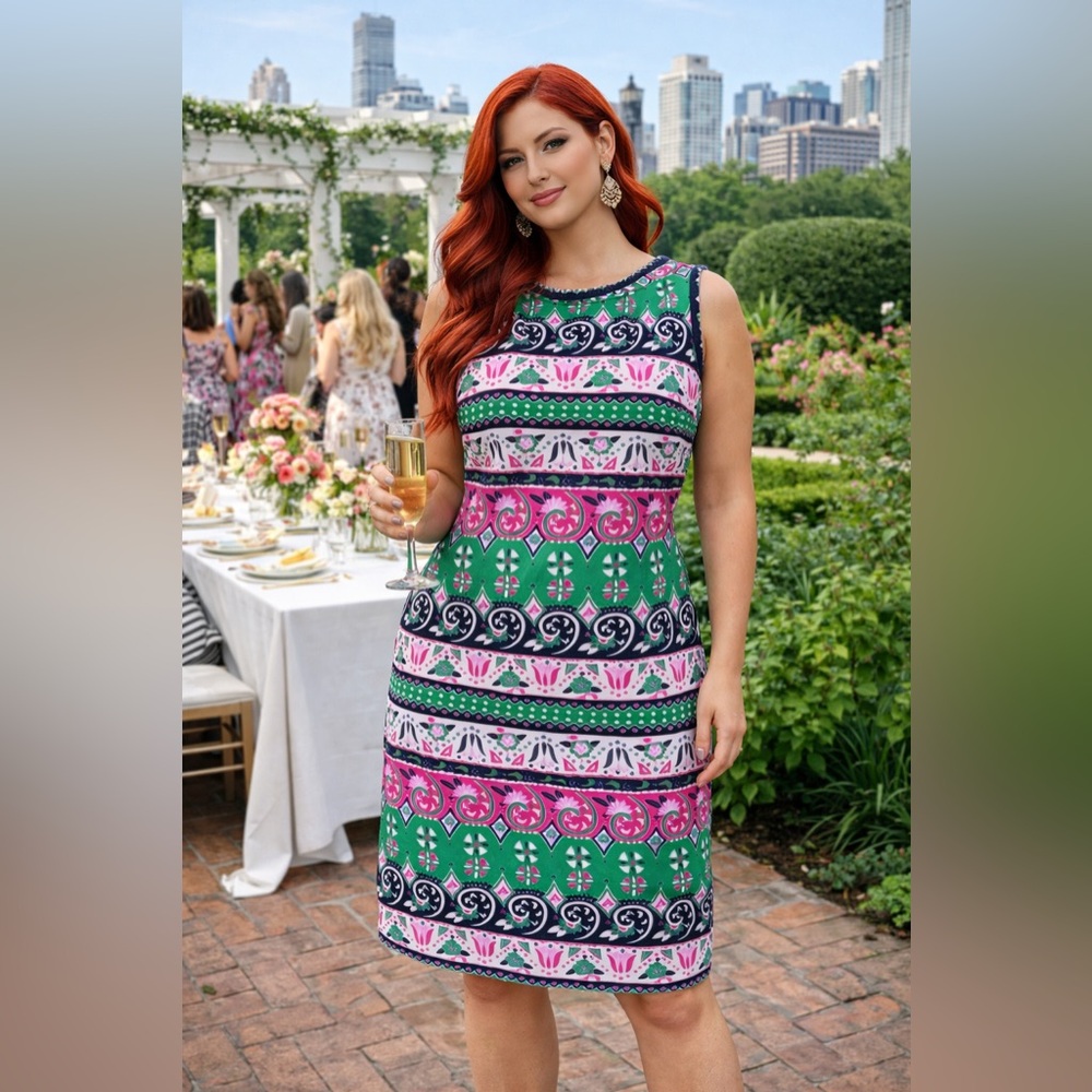 Talbots Colorful Patterned Sleeveless Sheath Dress Fringe Trim Size 10